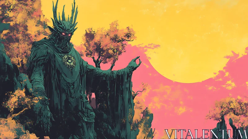 Sun-drunk forest titan beckons beneath a neon dawn.