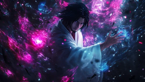 Dark haired sorcerer controls glowing cosmic energy field.