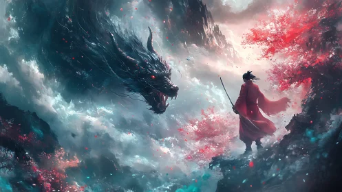 Samurai confronts storm dragon amid crimson blossoms.