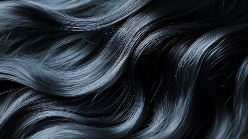 Midnight black hair waves with glossy reflective texture.