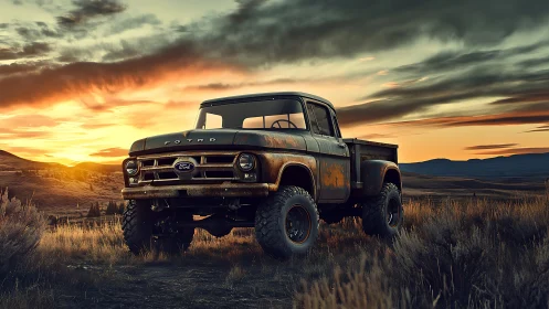 Weathered vintage pickup truck in rugged sunset field.