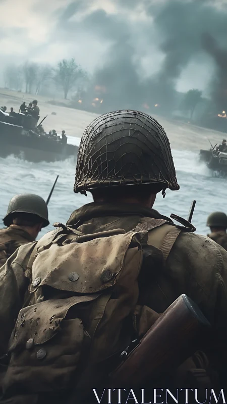 Photorealistic wartime landing scene with rear soldier focus.