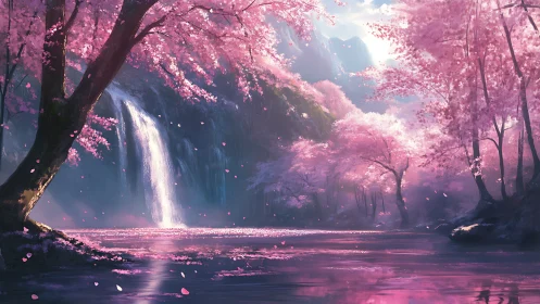Whispering cherry blossoms cradle a luminous mountain waterfall