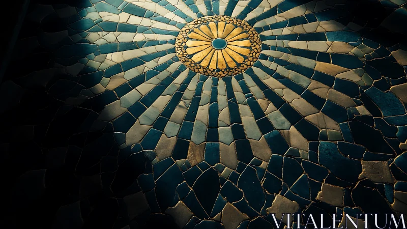 Radiant circular mosaic sunburst under dramatic shadow play.