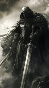 Hooded armored figure holding twin swords in dark mist.