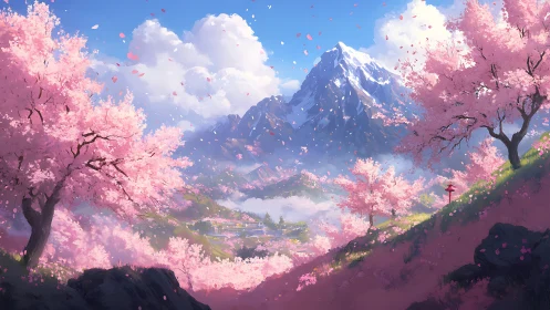 Snowy mountain valley framed by pink cherry blossoms
