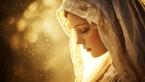 Veiled serenity leans into a drifting halo of golden dust