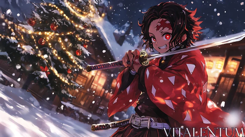 Sword-wielding anime hero ignites a snowy festive night