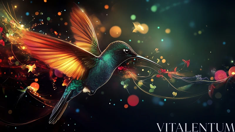 Iridescent hummingbird cuts through bokeh-suffused chromatic field