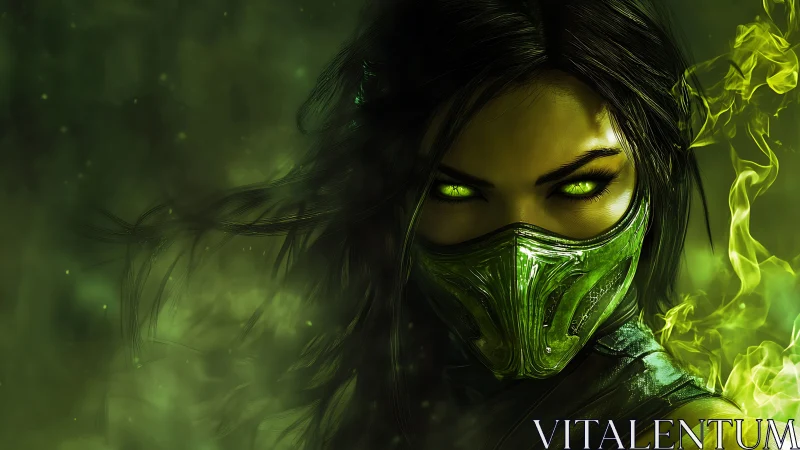 Emerald-eyed masked warrior emerging from swirling neon mist.