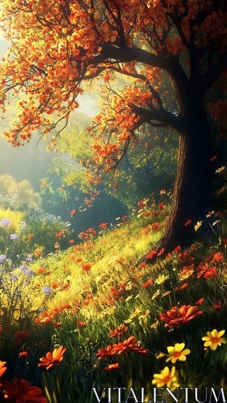 Sunlit autumn tree leans over a hillside of glowing blooms