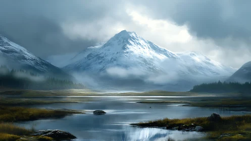 Gentle snowy mountain watching over a calm misty lake.