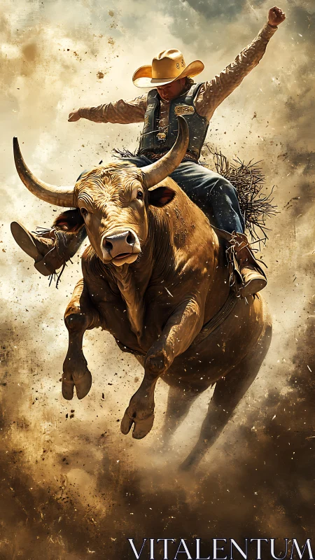 Bull rider explodes through flying dust in mid-air leap.