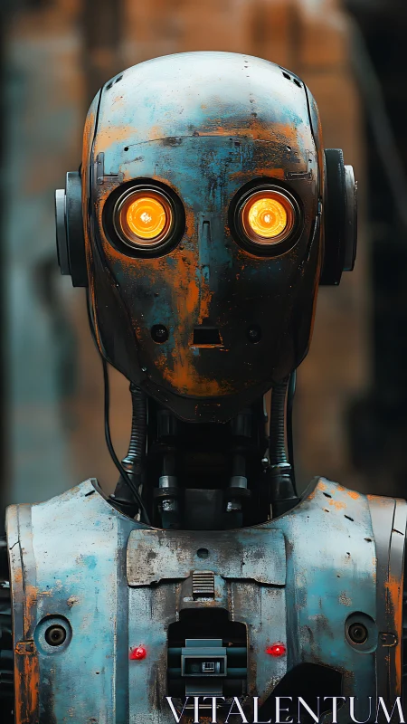 Rust-kissed sentry bot with glowing amber curiosity eyes.