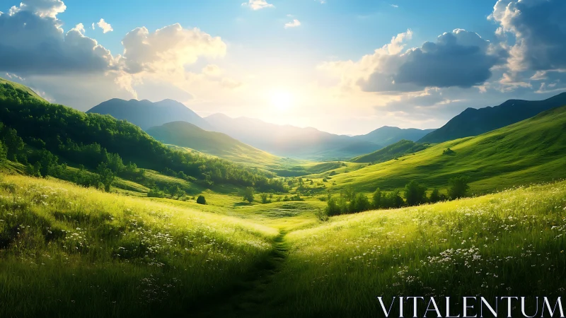 Sunlit green valley with rolling hills and distant mountains