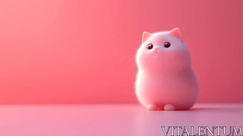 Cute Round Cartoon Cat on Pink Minimalist Background Digital Art.