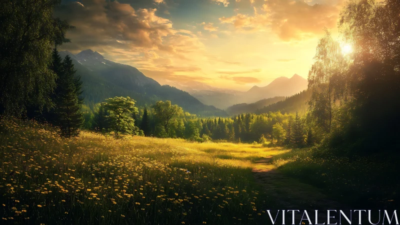 Golden mountain valley meadow glows in tranquil evening light.