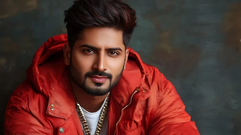 Crimson jacket swagger with smoldering studio gaze portrait.