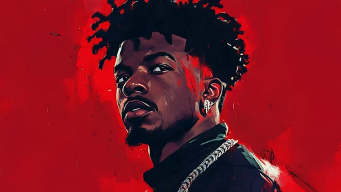 Digital portrait with bold red ground and angular lighting study.