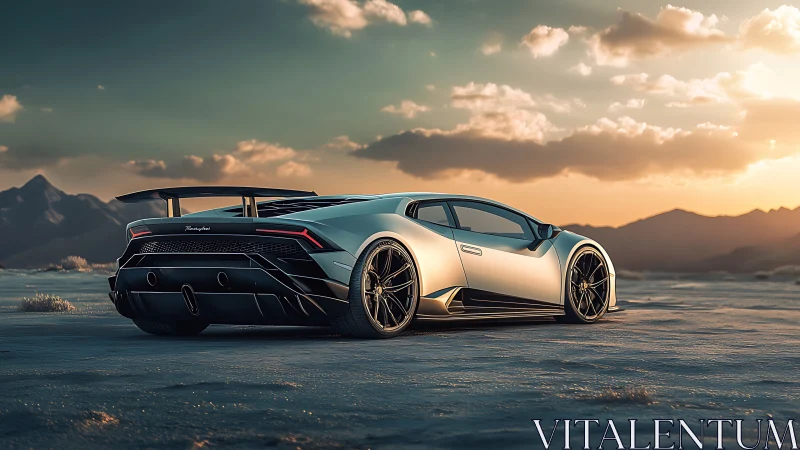 Silver supercar waits in a vast desert at glowing sunset