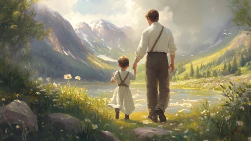 Backlit father and child walking toward alpine lake meadow