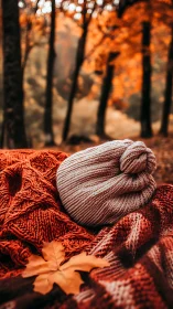 Cozy knit hat napping on ember blankets in autumn woods.