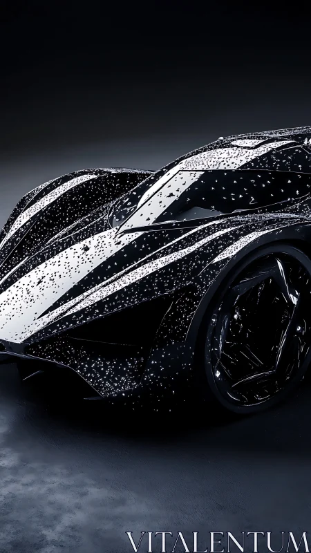 Star-splashed futuristic supercar glowing in the dark night.