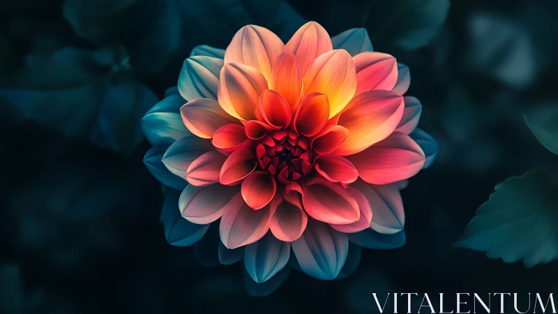 Bioluminescent dahlia glows against deep teal foliage