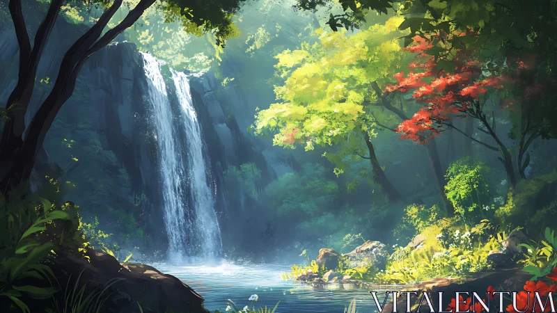 Enchanted Waterfall Sanctuary Bathed in Golden Luminescence.