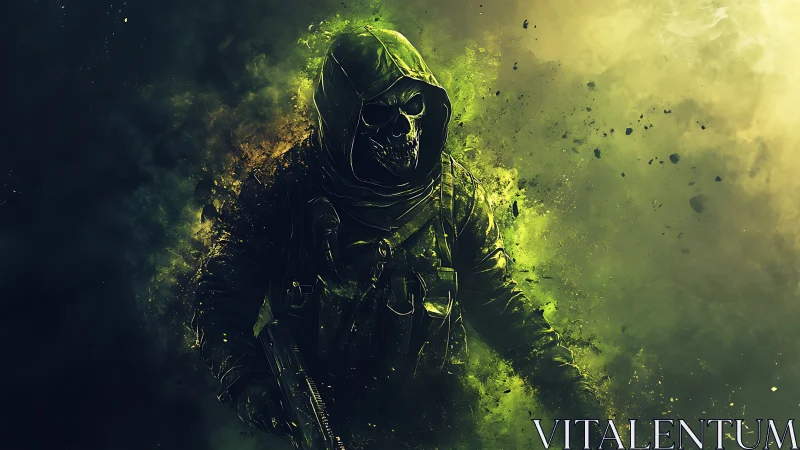 Tactical hooded specter with rifle in neon toxic smoke field