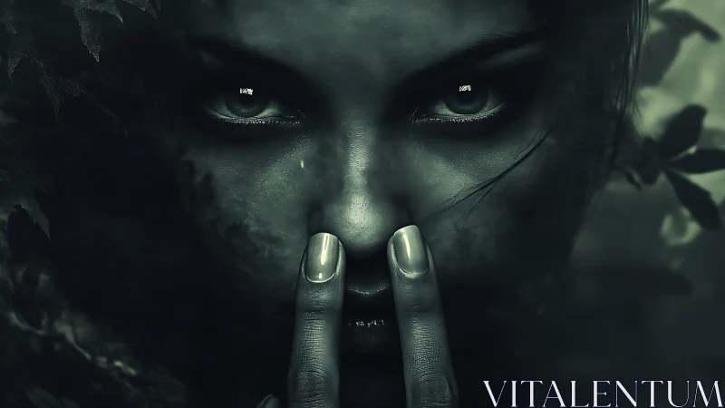 Nocturnal forest portrait with intense gaze and silencing gesture