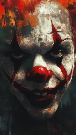 Grinning nightmare clown emerging from brushstroked shadows.