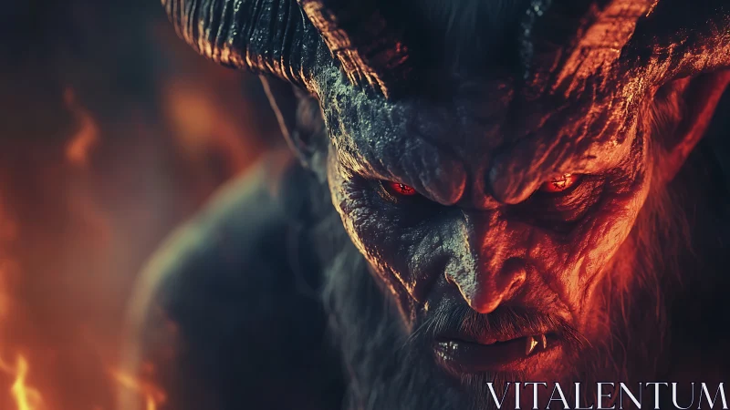 Demonic horned lord with burning eyes in hellfire glow.