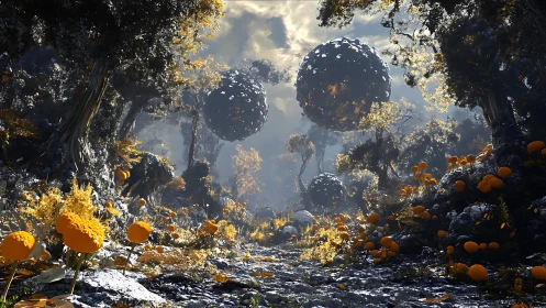 Glowing forest path welcomes floating orbs in gentle twilight