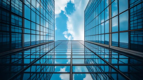 Skyward glass towers mirroring clouds and quiet blue light.