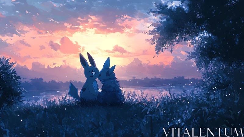 Two rabbit-like figures by lake at calm sunset scene.