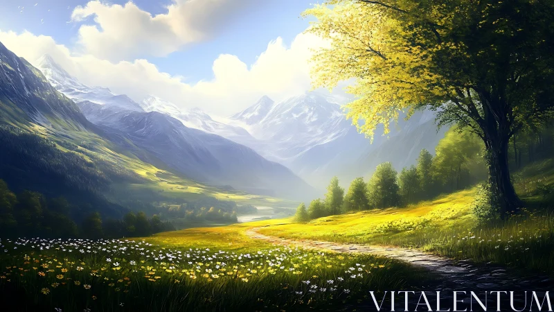 Sunlit mountain valley with winding path and wildflower field.