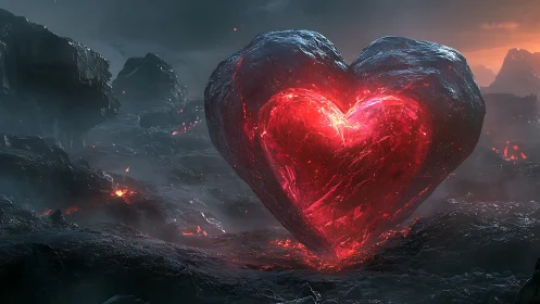 Luminescent crystalline heart form in volcanically active landscape with thermal luminosity