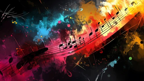 Dynamic musical staff arcs through high-contrast abstract color spectrum