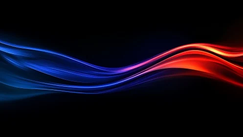 Digital painting of red and blue luminous waveforms on black.