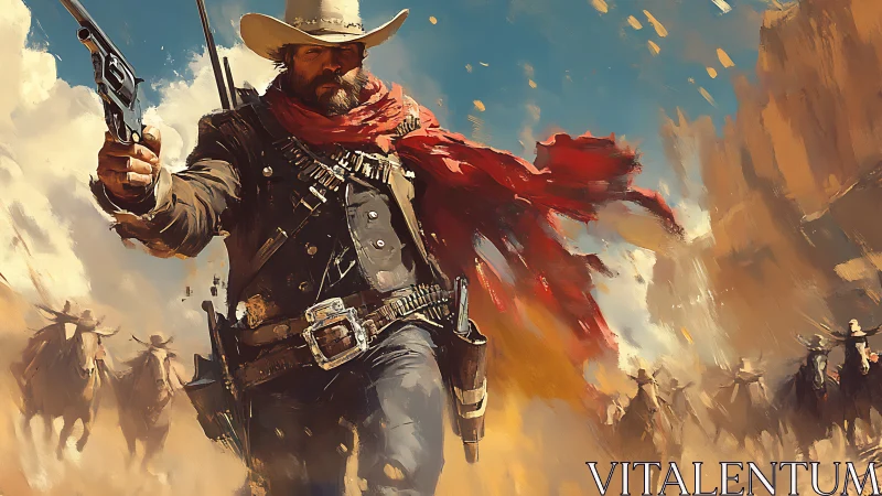 Gunsmoke drifter storms the canyon in blazing red scarf.