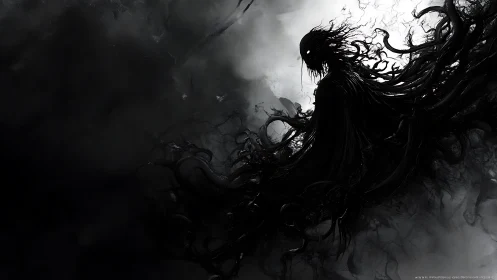 Shadow wraith silhouette with swirling tendril cloak in fog.