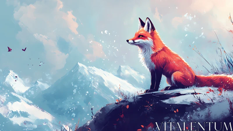 Red fox on snowy ridge before distant mountain peaks.