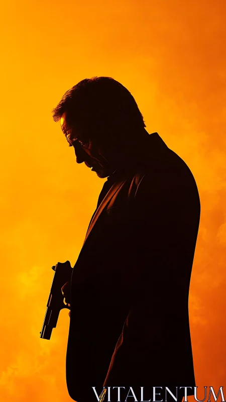 Backlit armed male silhouette framed against saturated orange haze