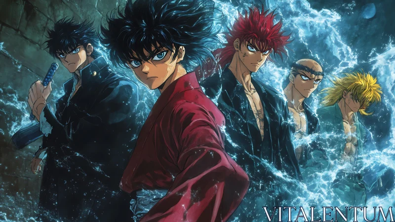 Storm-lit delinquents stride through crackling electric blue night