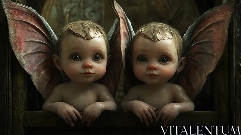 Twin winged infants are rendered with symmetrical fantasy anatomy