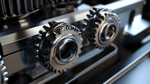 Shiny Steel Gears in Industrial Machine, Close-Up, Modern Style.