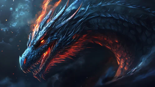 Ember-scaled storm dragon coils through nightfire skies.