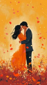 Digital painting portrays romantic couple embracing within vibrant floral composition