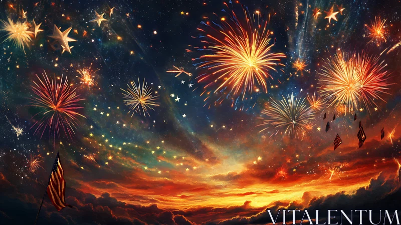 Fireworks sparkling over a glowing sunset sky of celebration.
